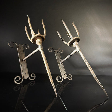 Unusual Pair of Wrought Iron Candle Torchere Sconces  |  Medieval Style  |  Hand-Forged