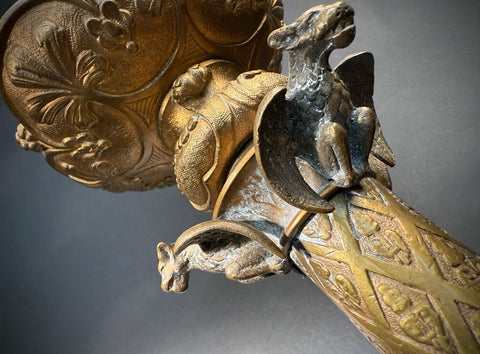 Antique Gothic Baroque Brass Table Lamp – Ornate Gilt Candlestick Lamp with Gargoyles, Dragons, Faux Wax Candle Tube – 67cm – Bayonet Bulb