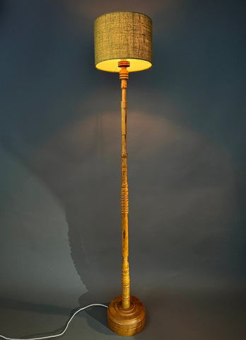 Vintage mid century Floor Lamp - Turned Wood Bobbin Column