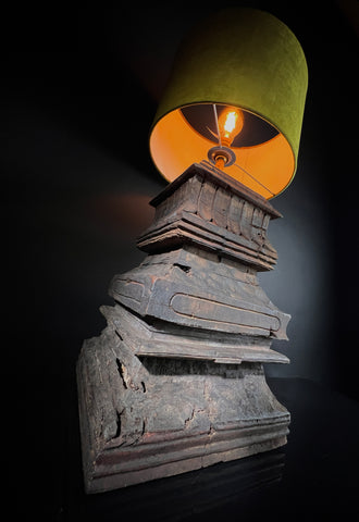Large Antique Table Lamp - Carved Wood South Indian Temple Architecture