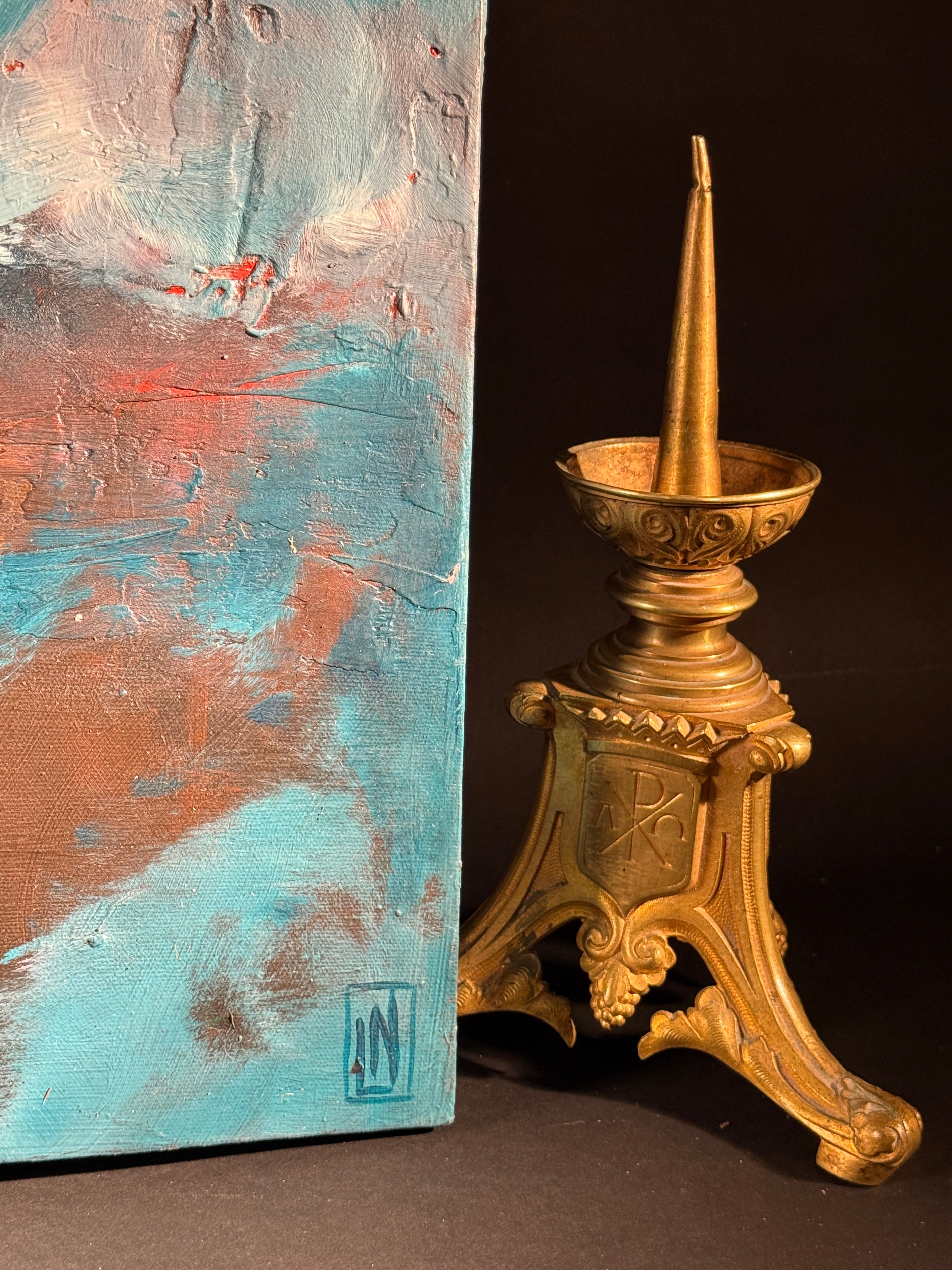 Set x2 Original Abstract Landscape Paintings – Moody Teal/Blue Textured Canvas Art, Stormy Horizons