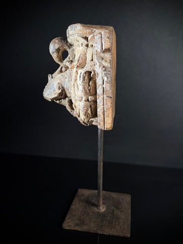 Antique Indian Wooden Fragment on Stand  |  Hand-Carved  |  Architectural Ornament