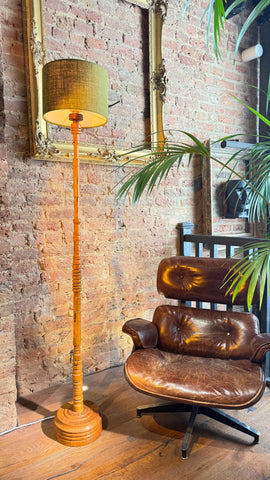 Vintage mid century Floor Lamp - Turned Wood Bobbin Column