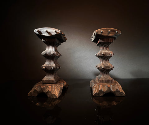 Pair Vintage Brutalist Candle Holders - Wood & Square Nail Candlesticks
