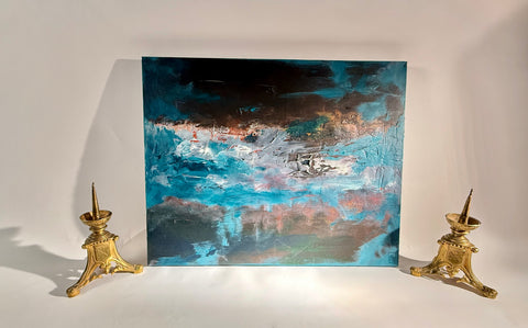 Set x2 Original Abstract Landscape Paintings – Moody Teal/Blue Textured Canvas Art, Stormy Horizons