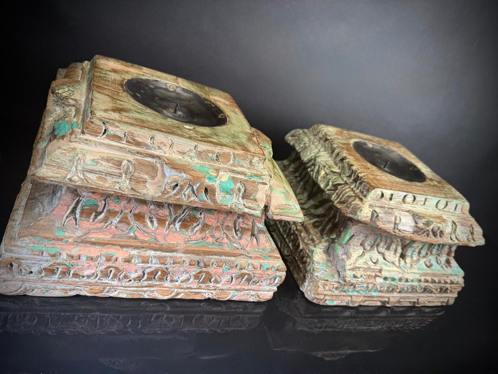 Antique Hand-Carved Indian Pillar Candle Holders | 19th Century Architectural Decor
