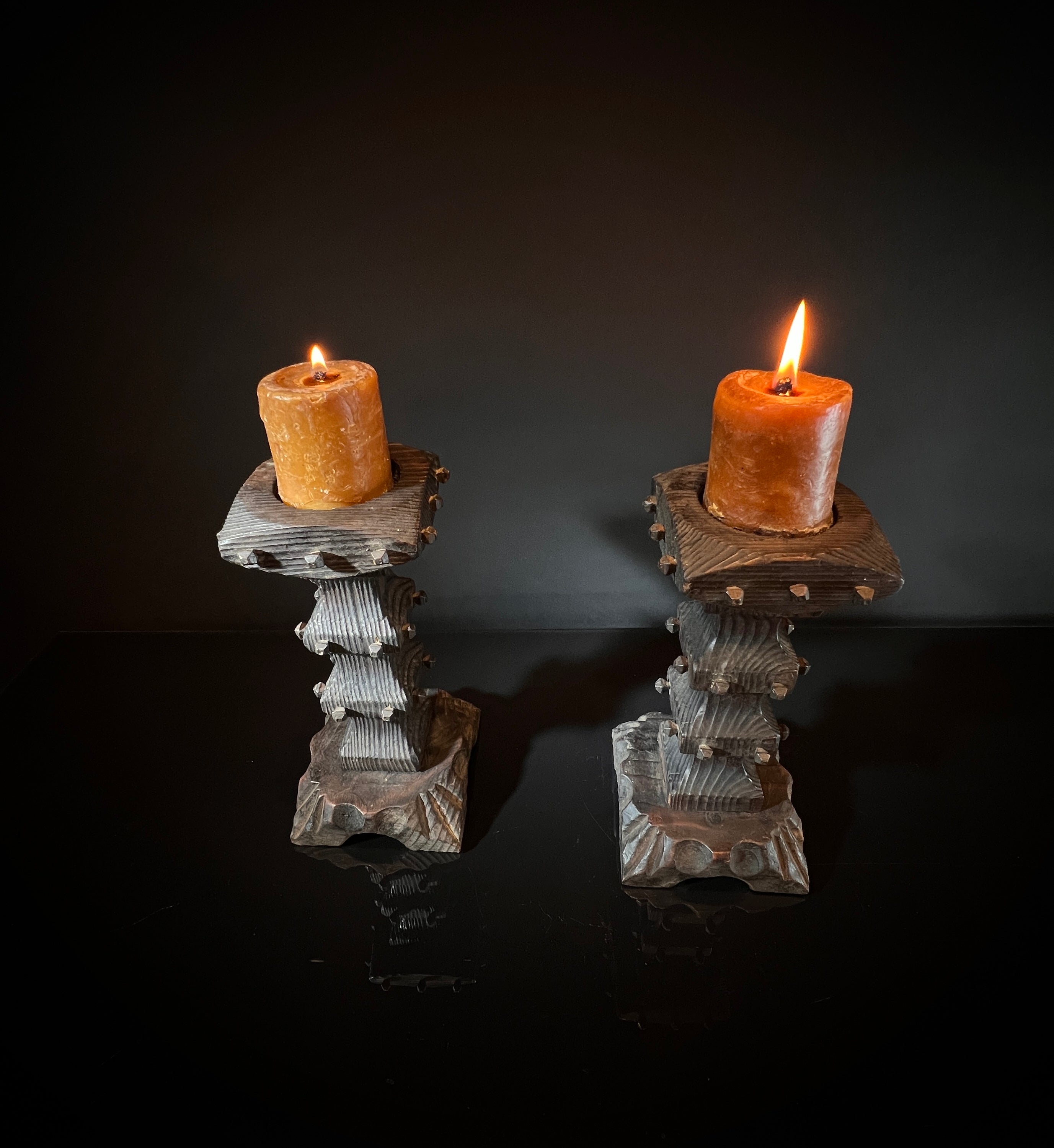 Pair Vintage Brutalist Candle Holders - Wood & Square Nail Candlesticks