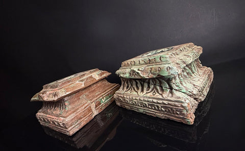 Antique Hand-Carved Indian Pillar Candle Holders | 19th Century Architectural Decor
