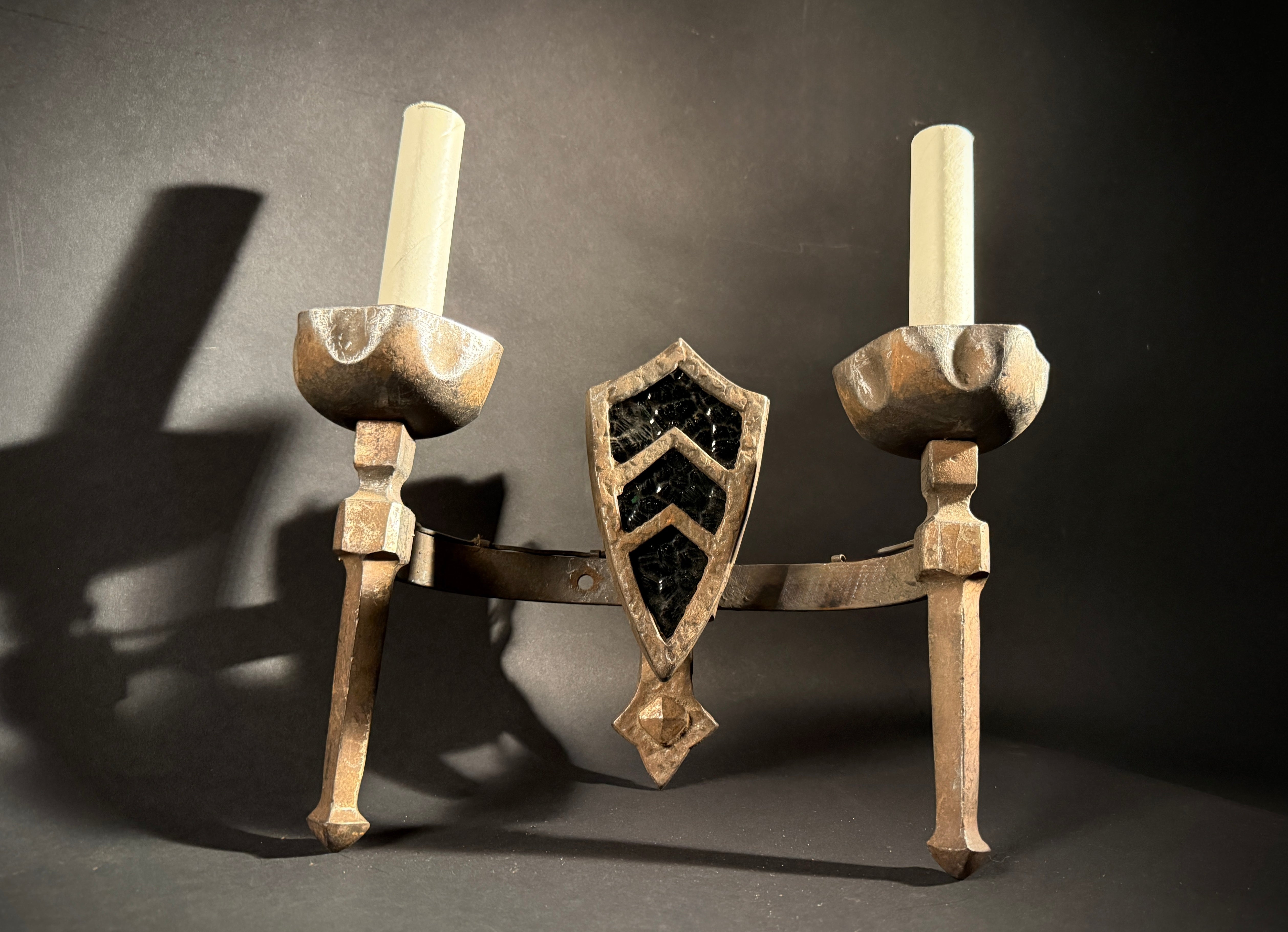 Pair Gothic Wrought Iron Wall Sconce – Medieval Shield 2-Light with Chevron Motif, 33x33cm