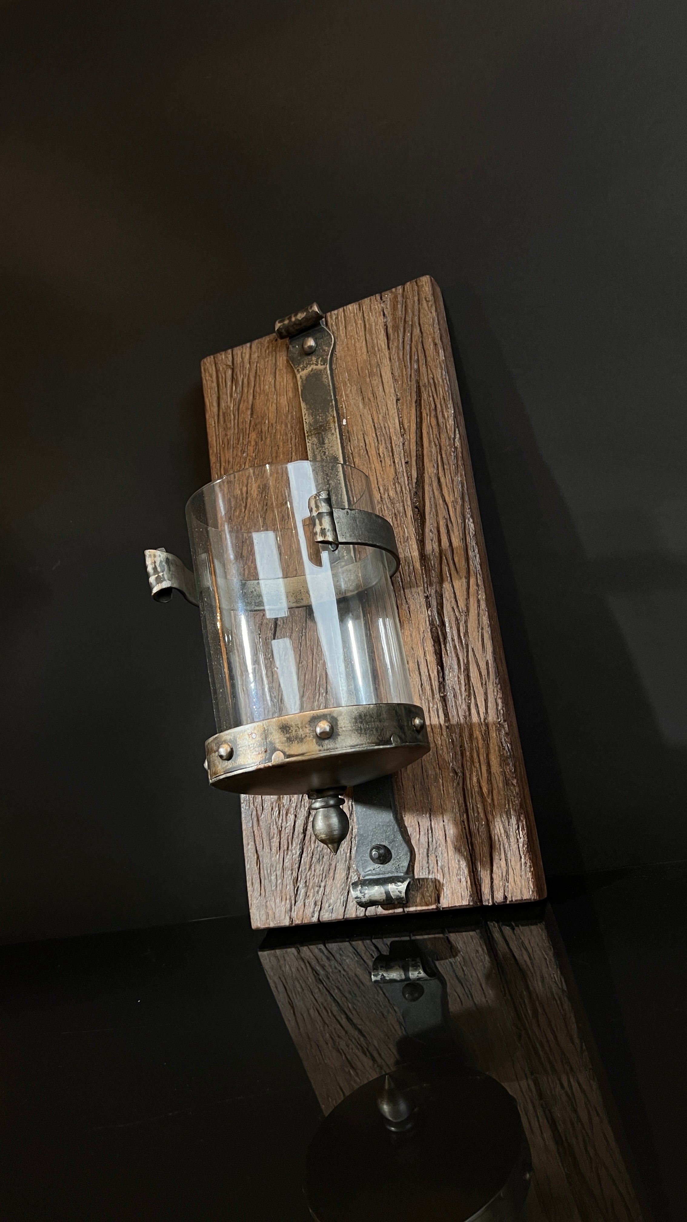 Rustic Wood, Metal, and Glass Candle Holder Wall Sconce