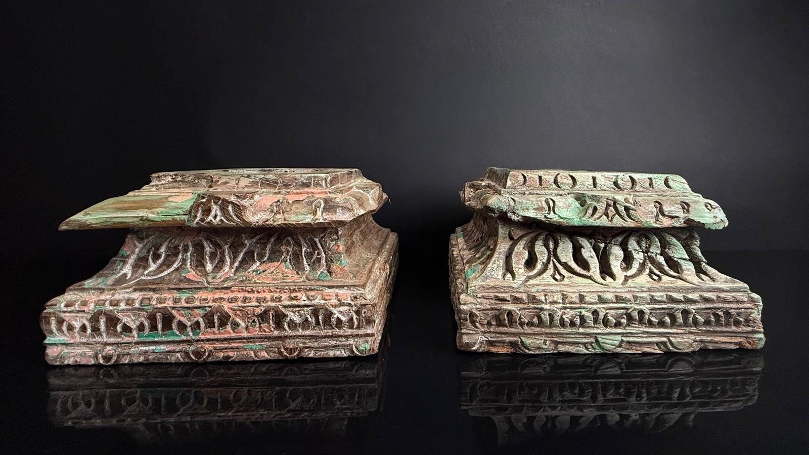 Antique Hand-Carved Indian Pillar Candle Holders | 19th Century Architectural Decor