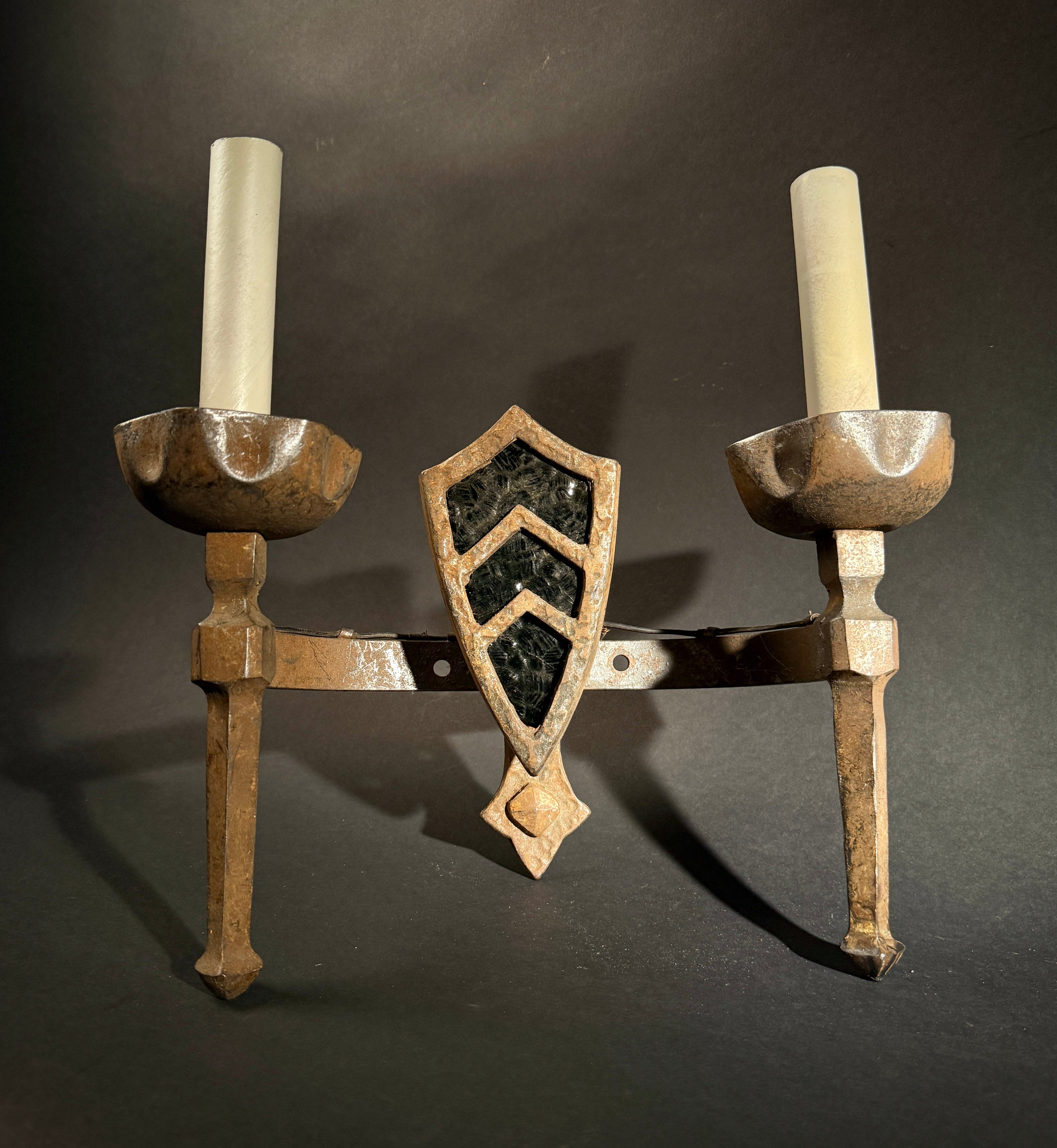 Pair Gothic Wrought Iron Wall Sconce – Medieval Shield 2-Light with Chevron Motif, 33x33cm