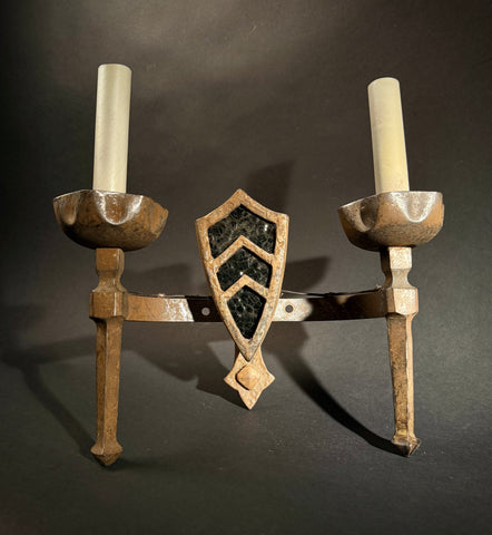 Pair Gothic Wrought Iron Wall Sconce – Medieval Shield 2-Light with Chevron Motif, 33x33cm