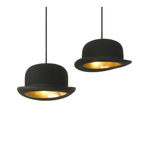 Jeeves & Wooster Bowler Hat Pendant Light – Handcrafted Wool Felt Hat Lamps with Gold Interior