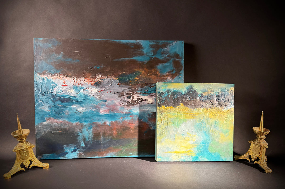 Set x2 Original Abstract Landscape Paintings – Moody Teal/Blue Textured Canvas Art, Stormy Horizons
