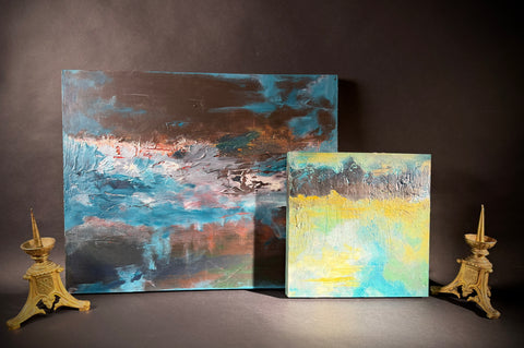 Set x2 Original Abstract Landscape Paintings – Moody Teal/Blue Textured Canvas Art, Stormy Horizons