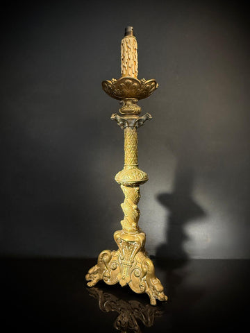 Antique Gothic Baroque Brass Table Lamp – Ornate Gilt Candlestick Lamp with Gargoyles, Dragons, Faux Wax Candle Tube – 67cm – Bayonet Bulb