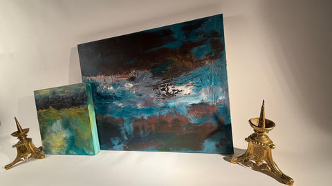 Set x2 Original Abstract Landscape Paintings – Moody Teal/Blue Textured Canvas Art, Stormy Horizons