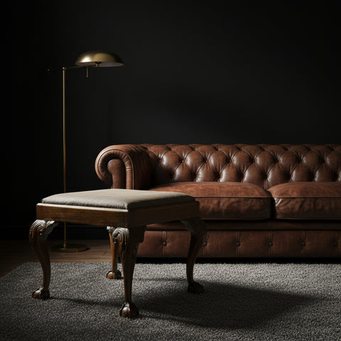 Elegant Antique Stool  |  Grey Leather Upholstery