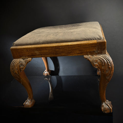 Elegant Antique Stool  |  Grey Leather Upholstery