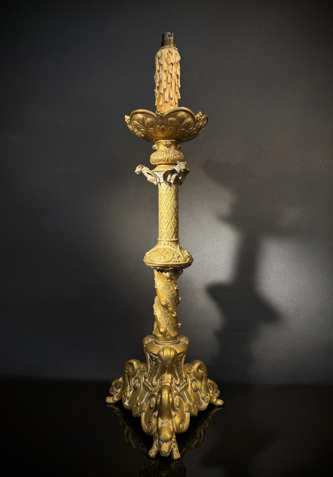 Antique Gothic Baroque Brass Table Lamp – Ornate Gilt Candlestick Lamp with Gargoyles, Dragons, Faux Wax Candle Tube – 67cm – Bayonet Bulb