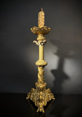 Antique Gothic Baroque Brass Table Lamp – Ornate Gilt Candlestick Lamp with Gargoyles, Dragons, Faux Wax Candle Tube – 67cm – Bayonet Bulb
