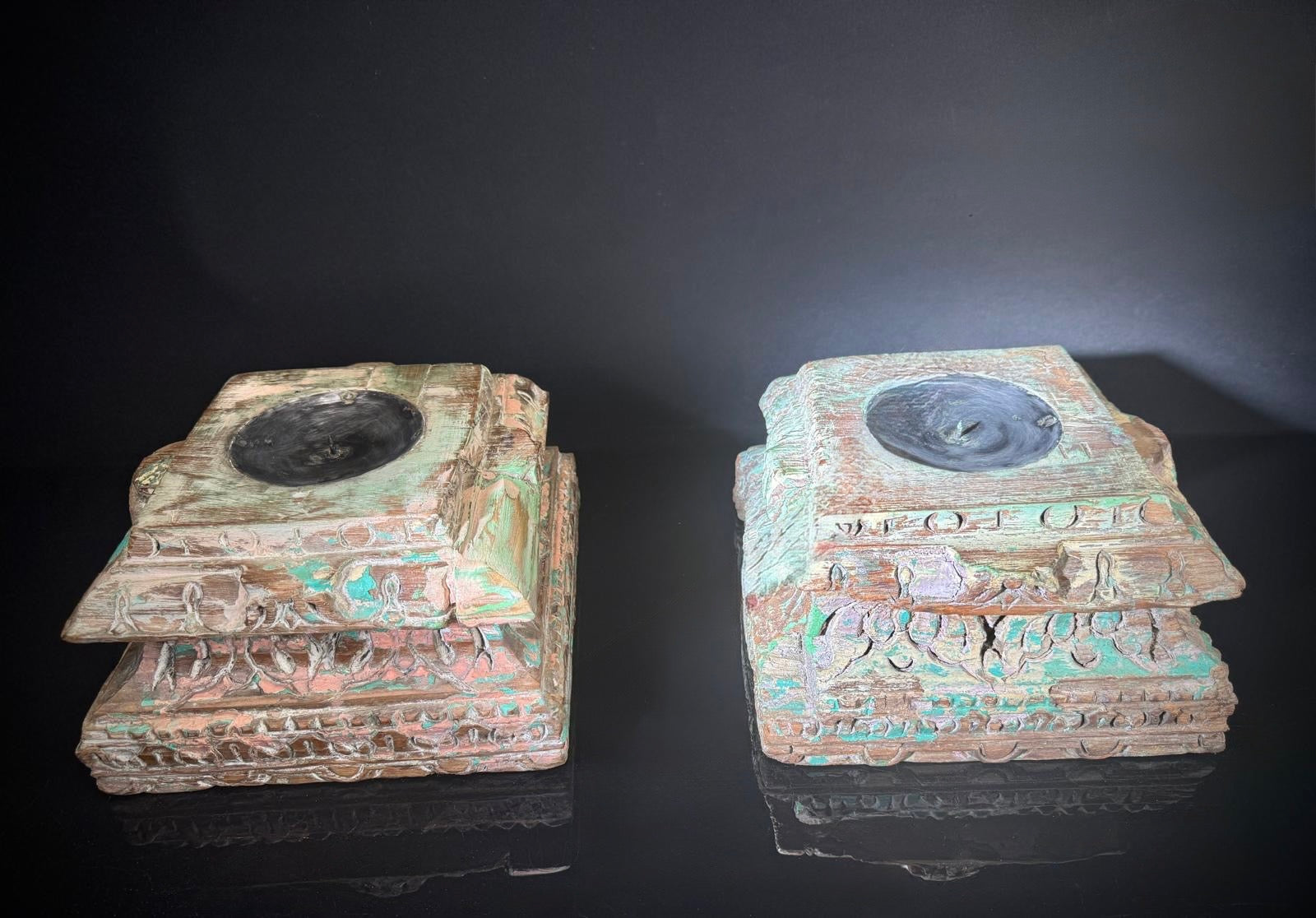 Antique Hand-Carved Indian Pillar Candle Holders | 19th Century Architectural Decor
