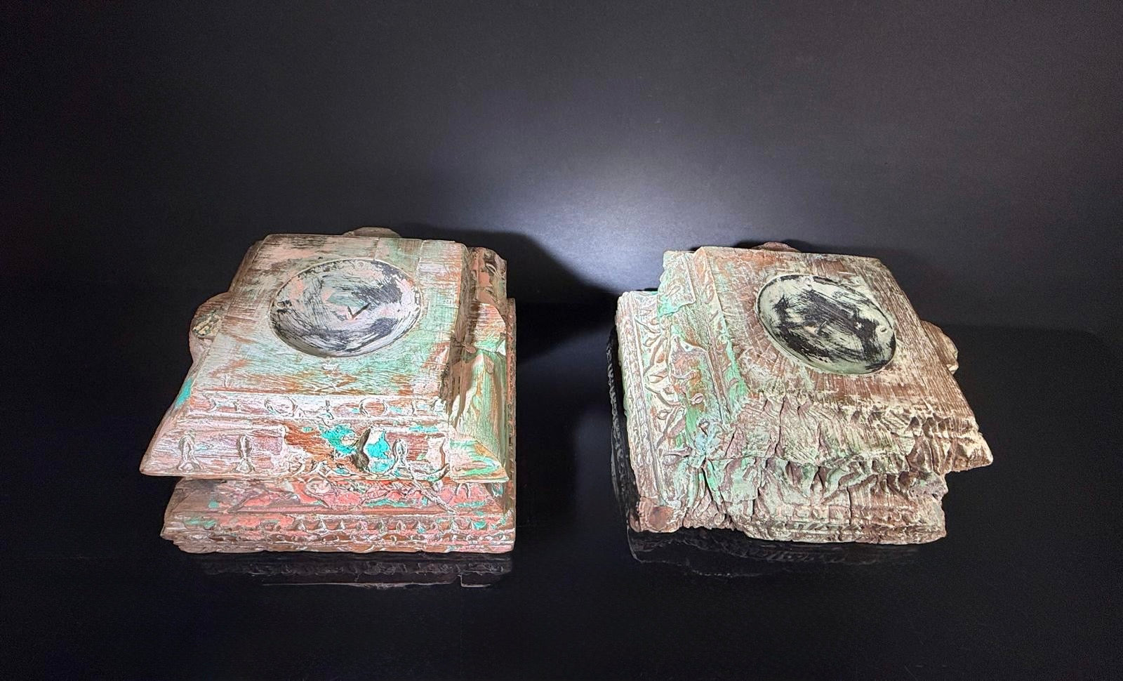 Antique Hand-Carved Indian Pillar Candle Holders | 19th Century Architectural Decor