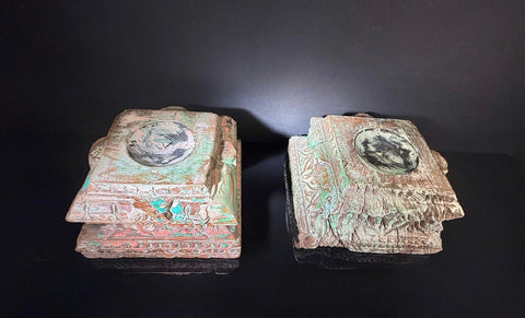Antique Hand-Carved Indian Pillar Candle Holders | 19th Century Architectural Decor