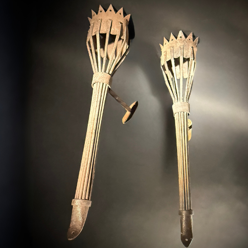 Pair Antique Medieval Wrought Iron Candle Torch Sconces – 55cm Gothic Castle Lanterns, Unwired