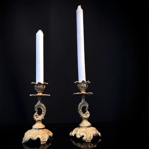 Pair Antique Brass Candlesticks  |  French Rococo Style