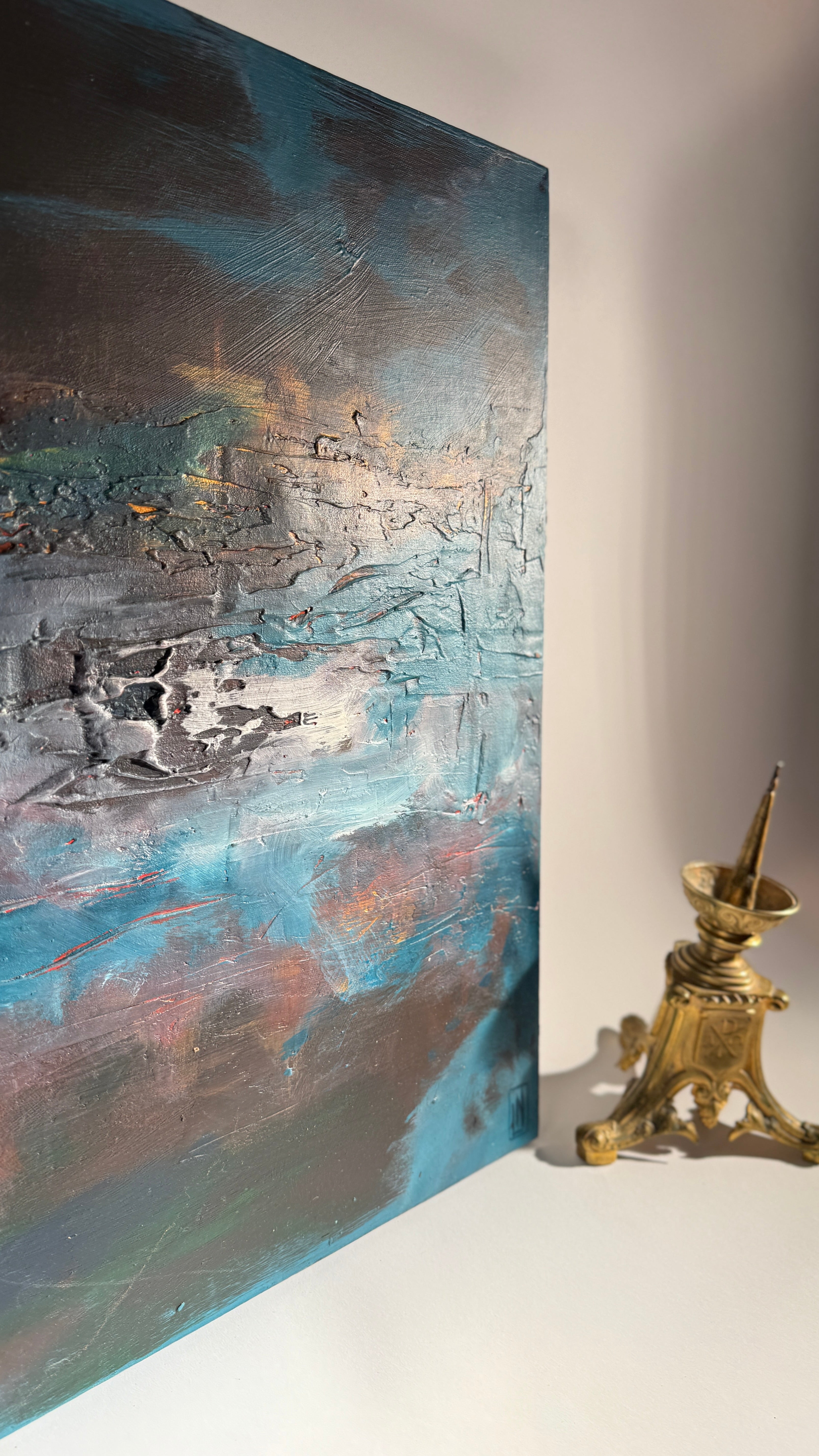 Set x2 Original Abstract Landscape Paintings – Moody Teal/Blue Textured Canvas Art, Stormy Horizons