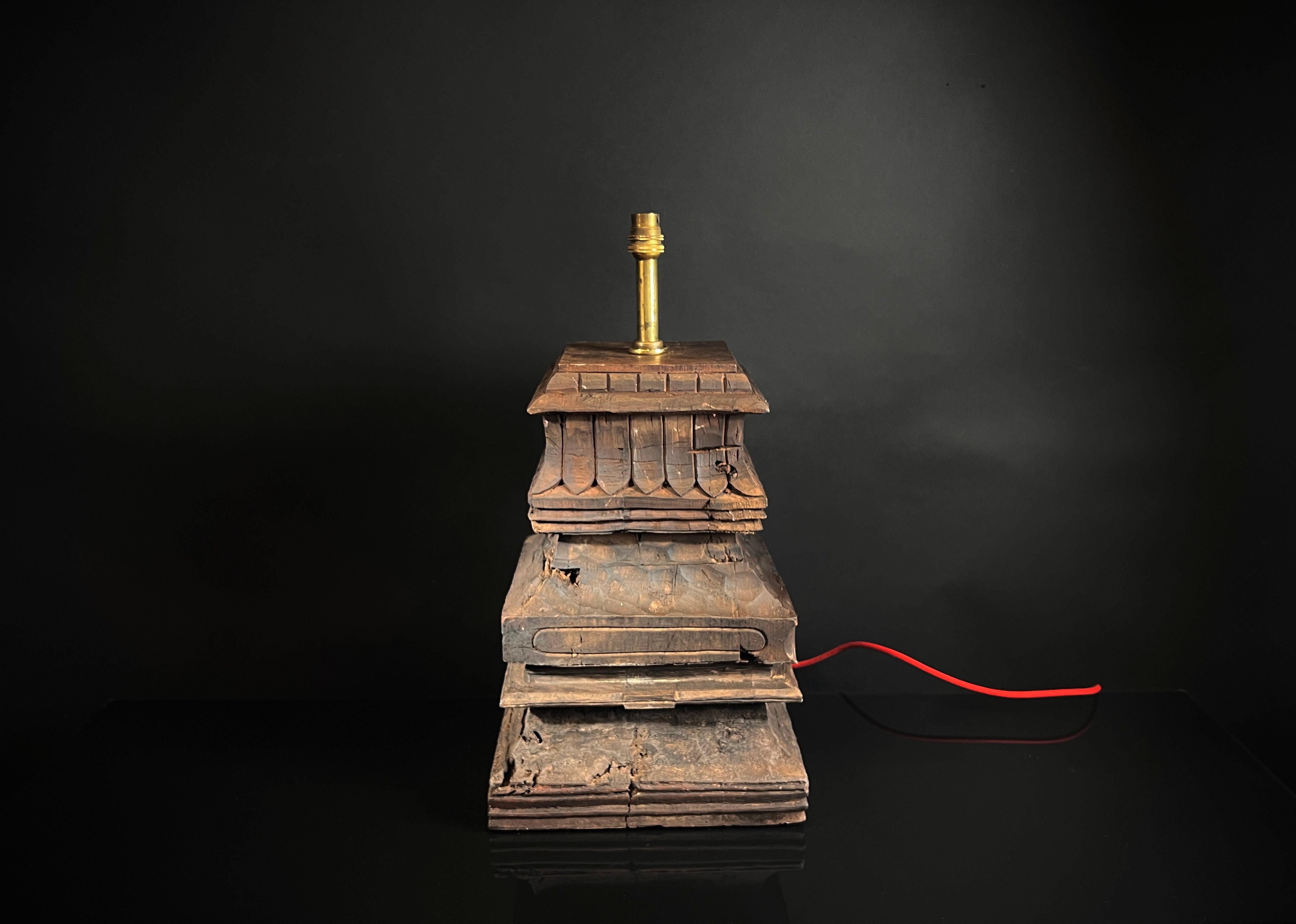 Large Antique Table Lamp - Carved Wood South Indian Temple Architecture