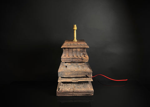 Large Antique Table Lamp - Carved Wood South Indian Temple Architecture