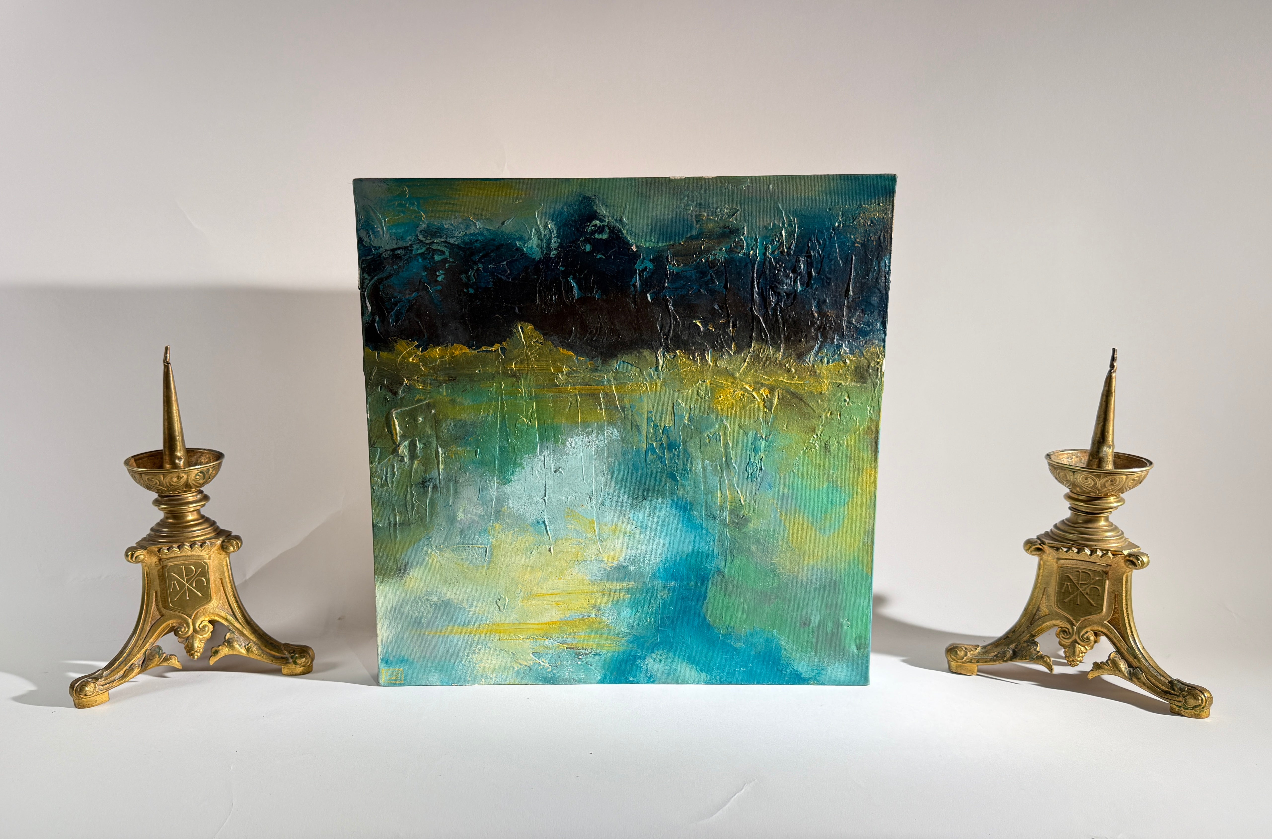Set x2 Original Abstract Landscape Paintings – Moody Teal/Blue Textured Canvas Art, Stormy Horizons