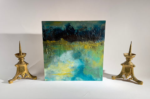 Set x2 Original Abstract Landscape Paintings – Moody Teal/Blue Textured Canvas Art, Stormy Horizons