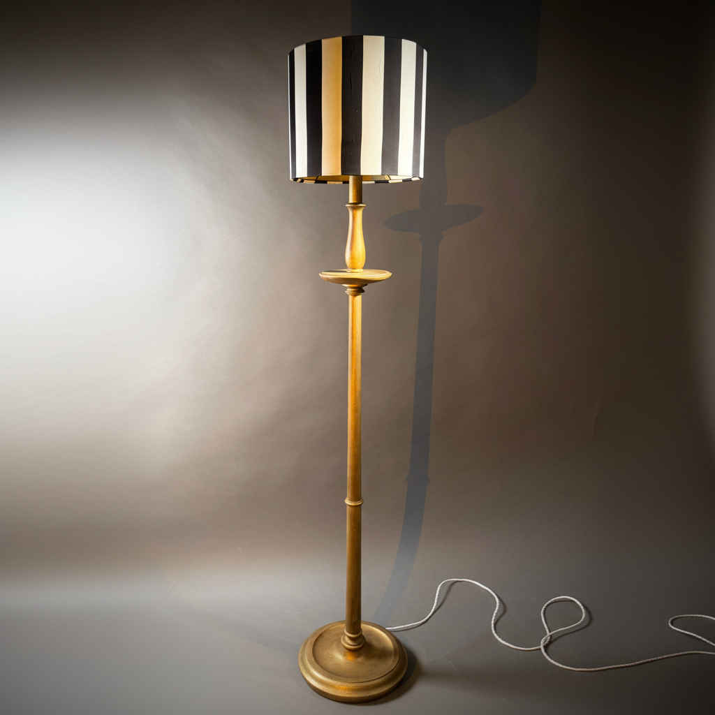 Vintage Gold Wood Floor Lamp – Fluted Turned Column, Candle Saucer, Bun Feet 159cm Tall