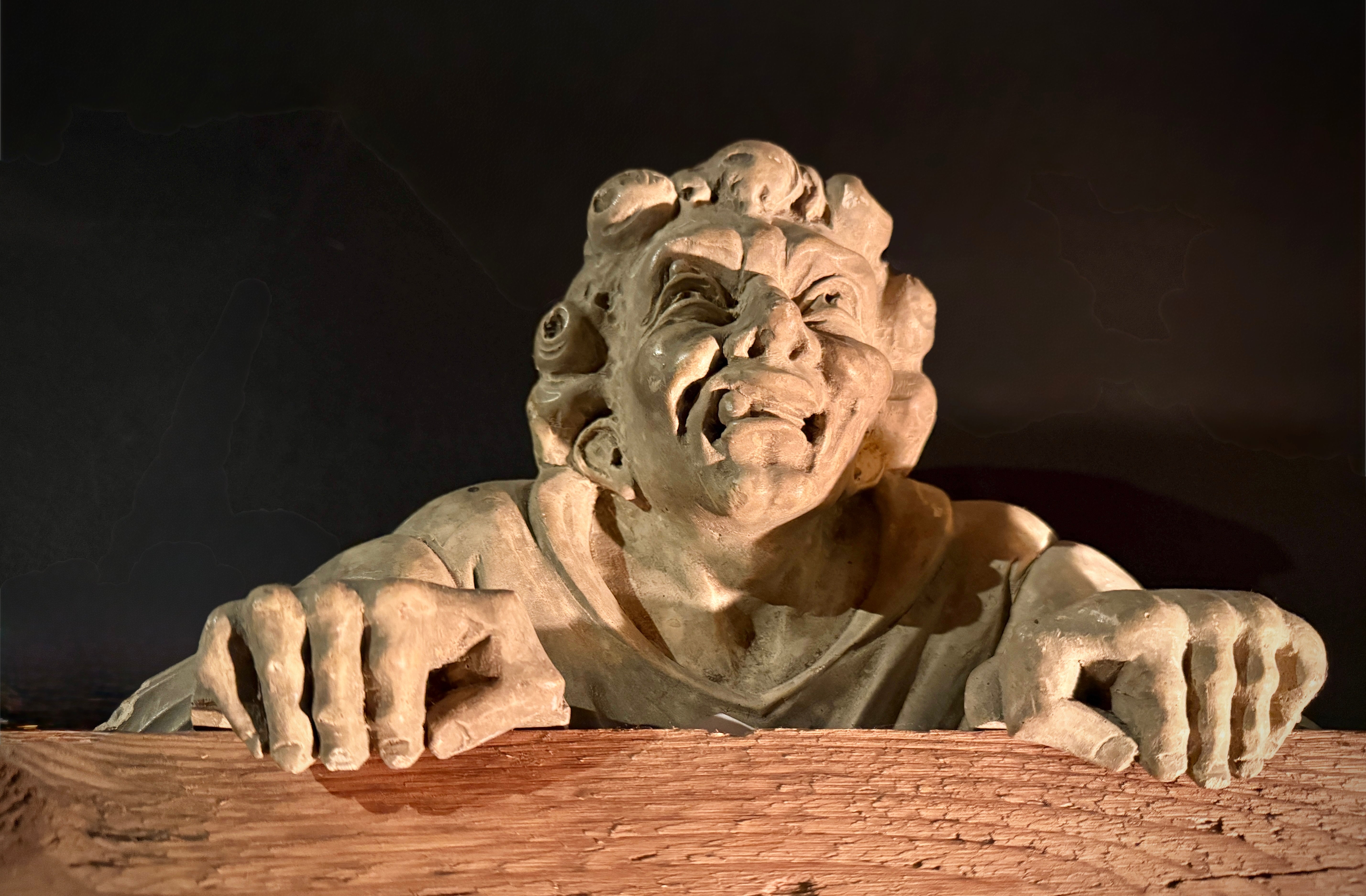 Gothic Medieval Cliffhanger Shelf Sitter Wall Plaque, Handmade Plaster Decor (33x15x9cm) Quasimodo Notre Dame Bell Ringer
