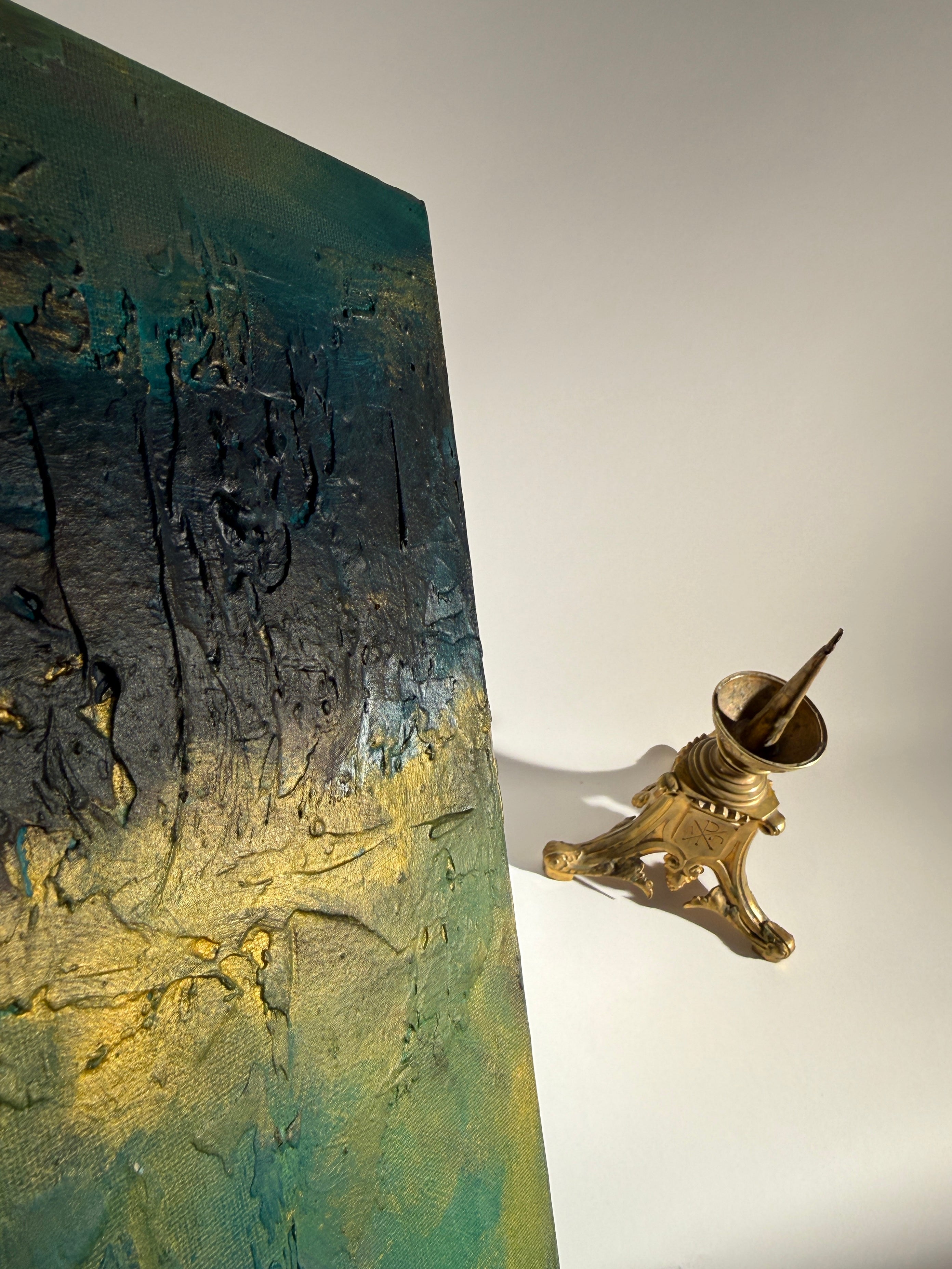 Set x2 Original Abstract Landscape Paintings – Moody Teal/Blue Textured Canvas Art, Stormy Horizons