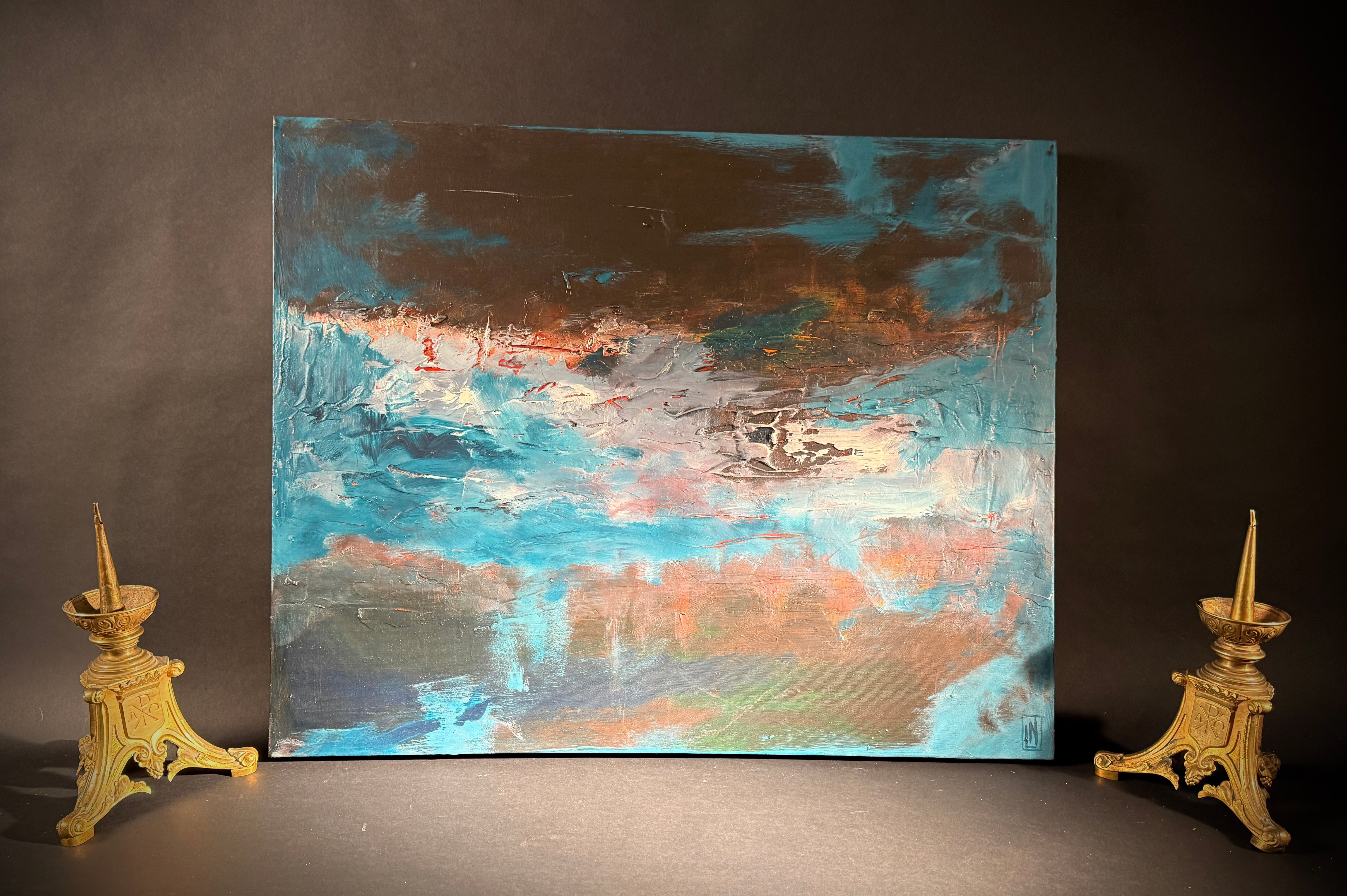 Set x2 Original Abstract Landscape Paintings – Moody Teal/Blue Textured Canvas Art, Stormy Horizons