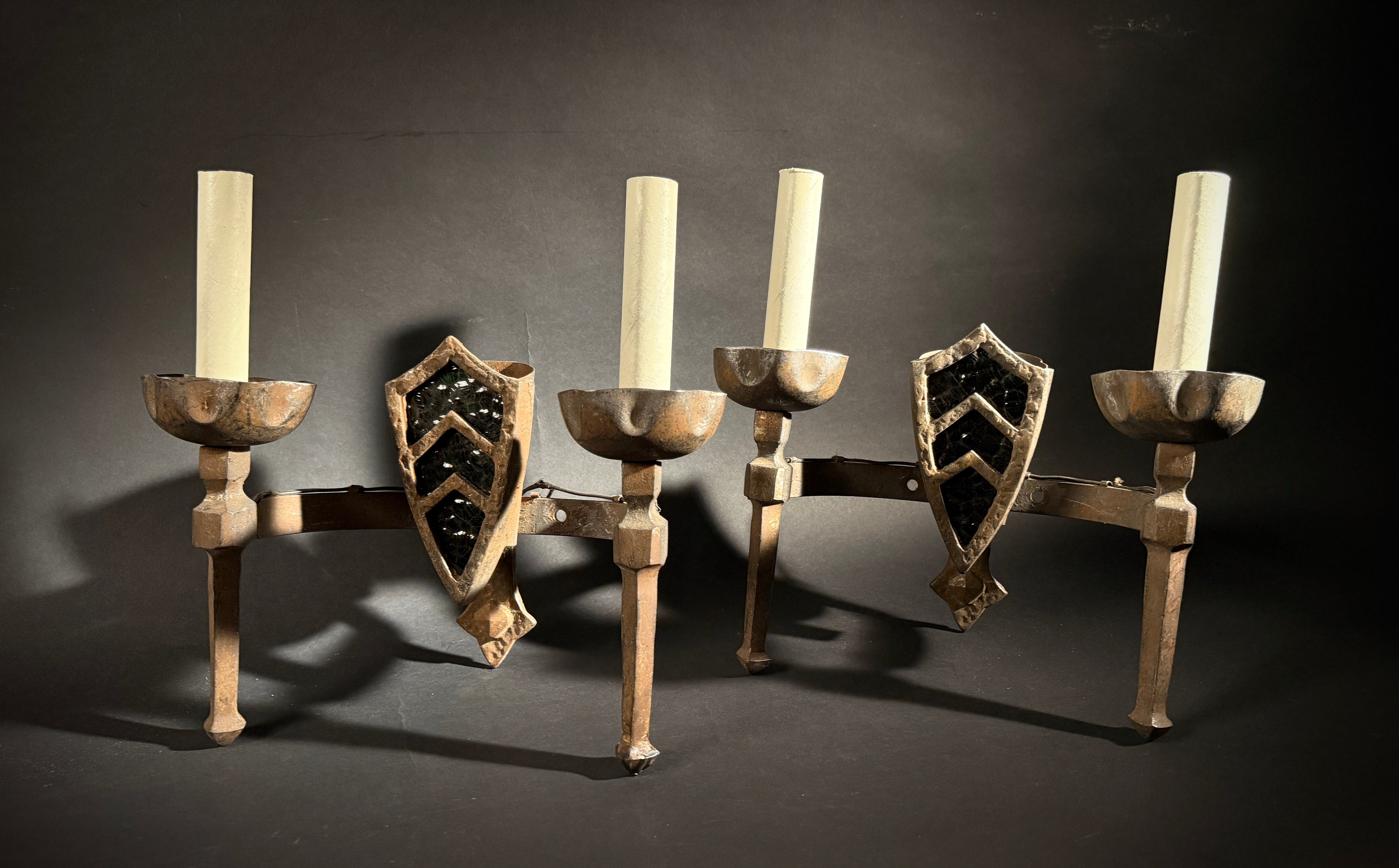 Pair Gothic Wrought Iron Wall Sconce – Medieval Shield 2-Light with Chevron Motif, 33x33cm