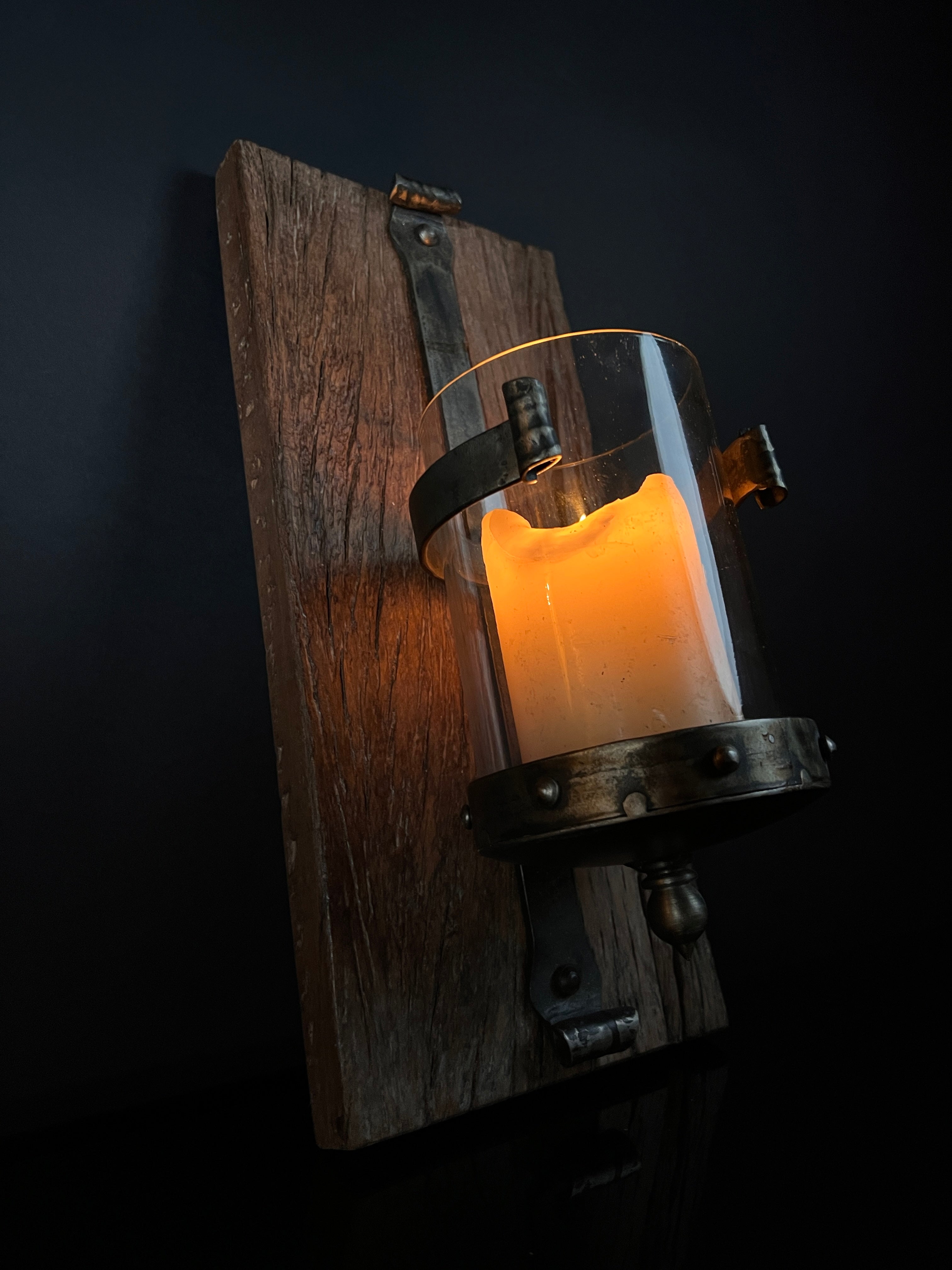 Rustic Wood, Metal, and Glass Candle Holder Wall Sconce