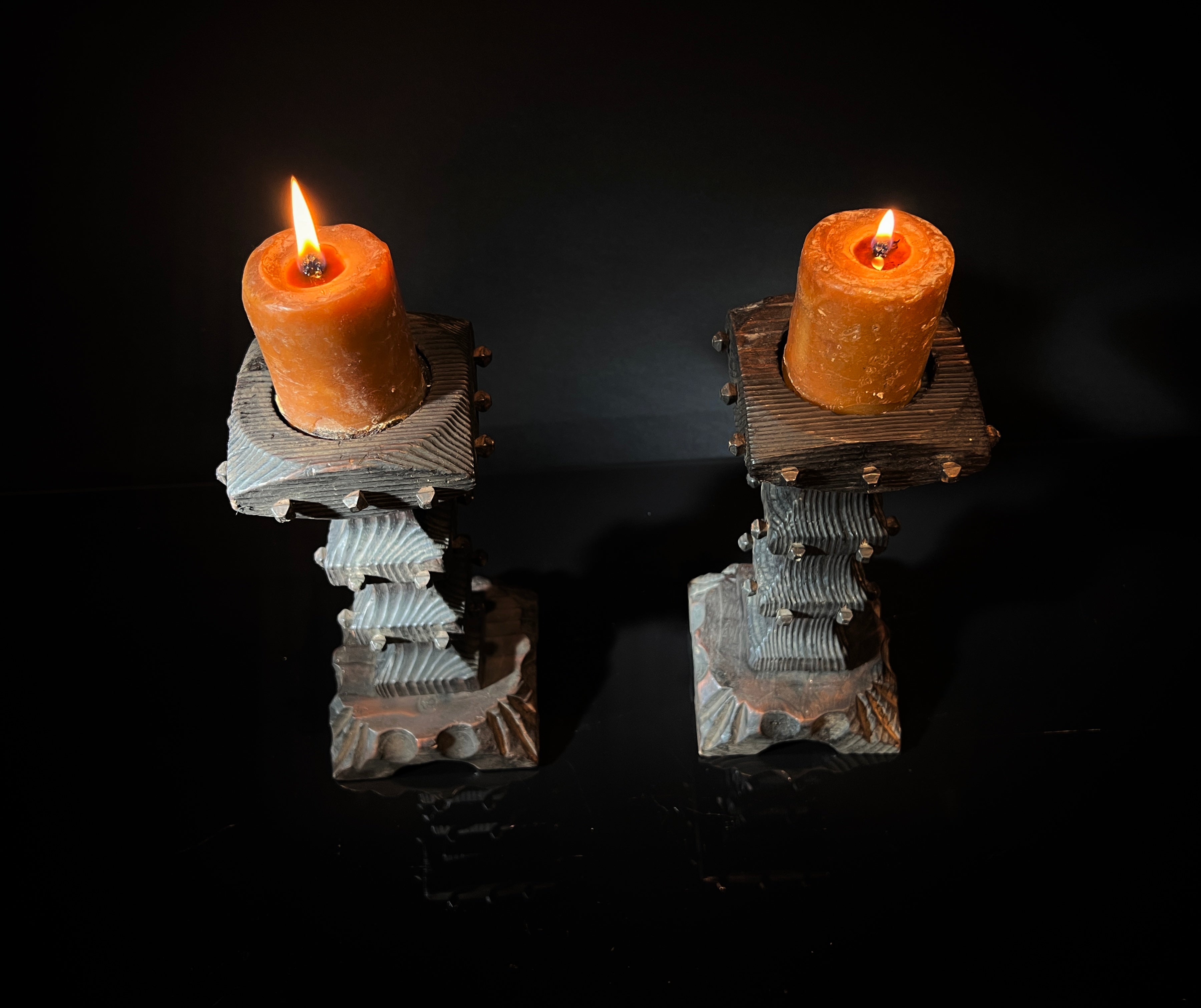 Pair Vintage Brutalist Candle Holders - Wood & Square Nail Candlesticks