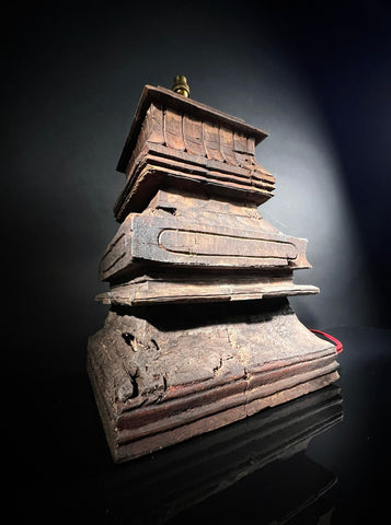 Large Antique Table Lamp - Carved Wood South Indian Temple Architecture