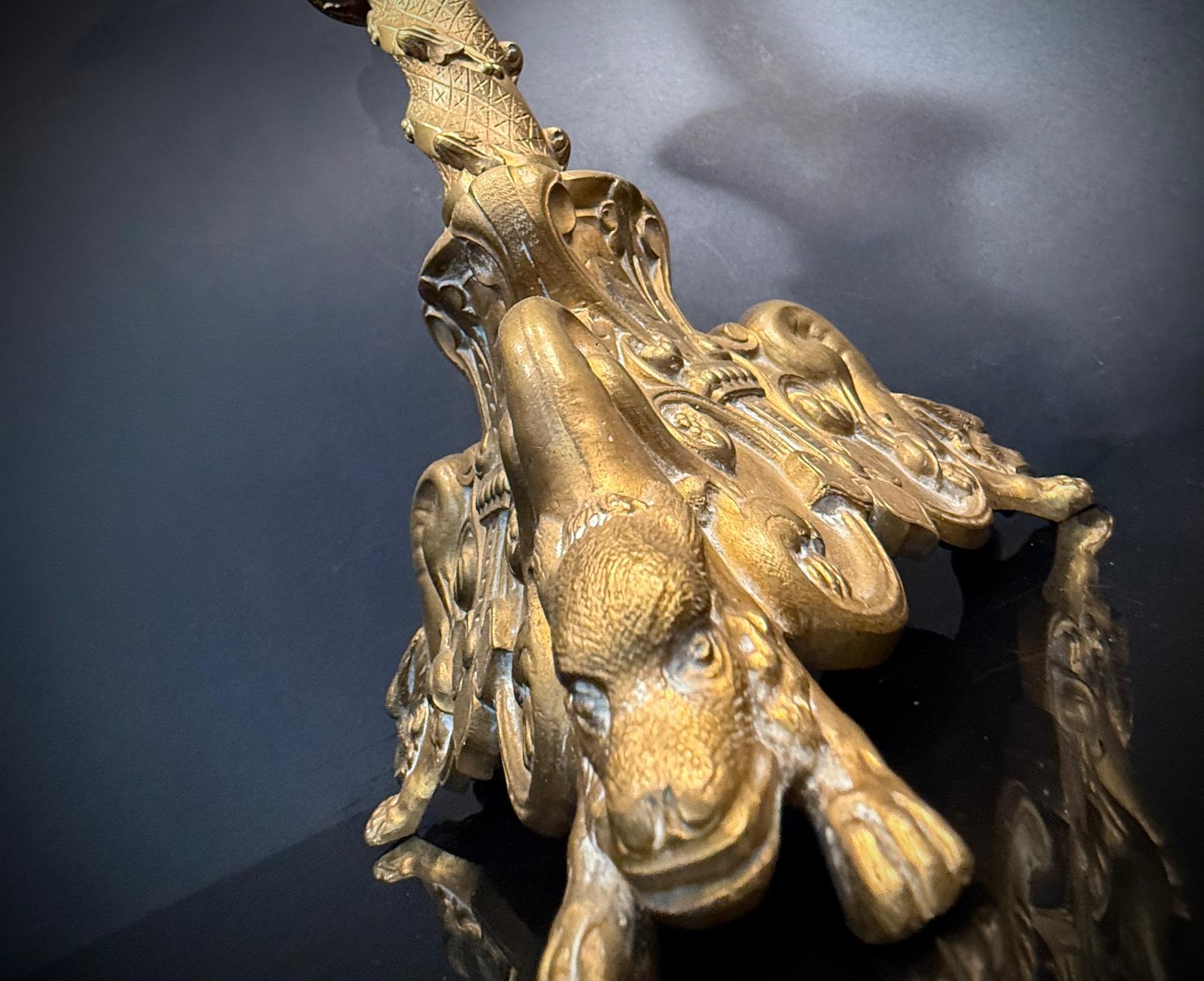 Antique Gothic Baroque Brass Table Lamp – Ornate Gilt Candlestick Lamp with Gargoyles, Dragons, Faux Wax Candle Tube – 67cm – Bayonet Bulb