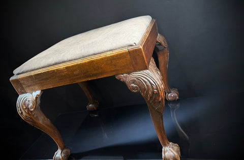 Elegant Antique Stool  |  Grey Leather Upholstery