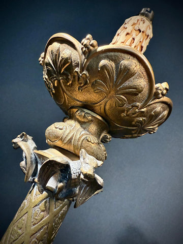 Antique Gothic Baroque Brass Table Lamp – Ornate Gilt Candlestick Lamp with Gargoyles, Dragons, Faux Wax Candle Tube – 67cm – Bayonet Bulb