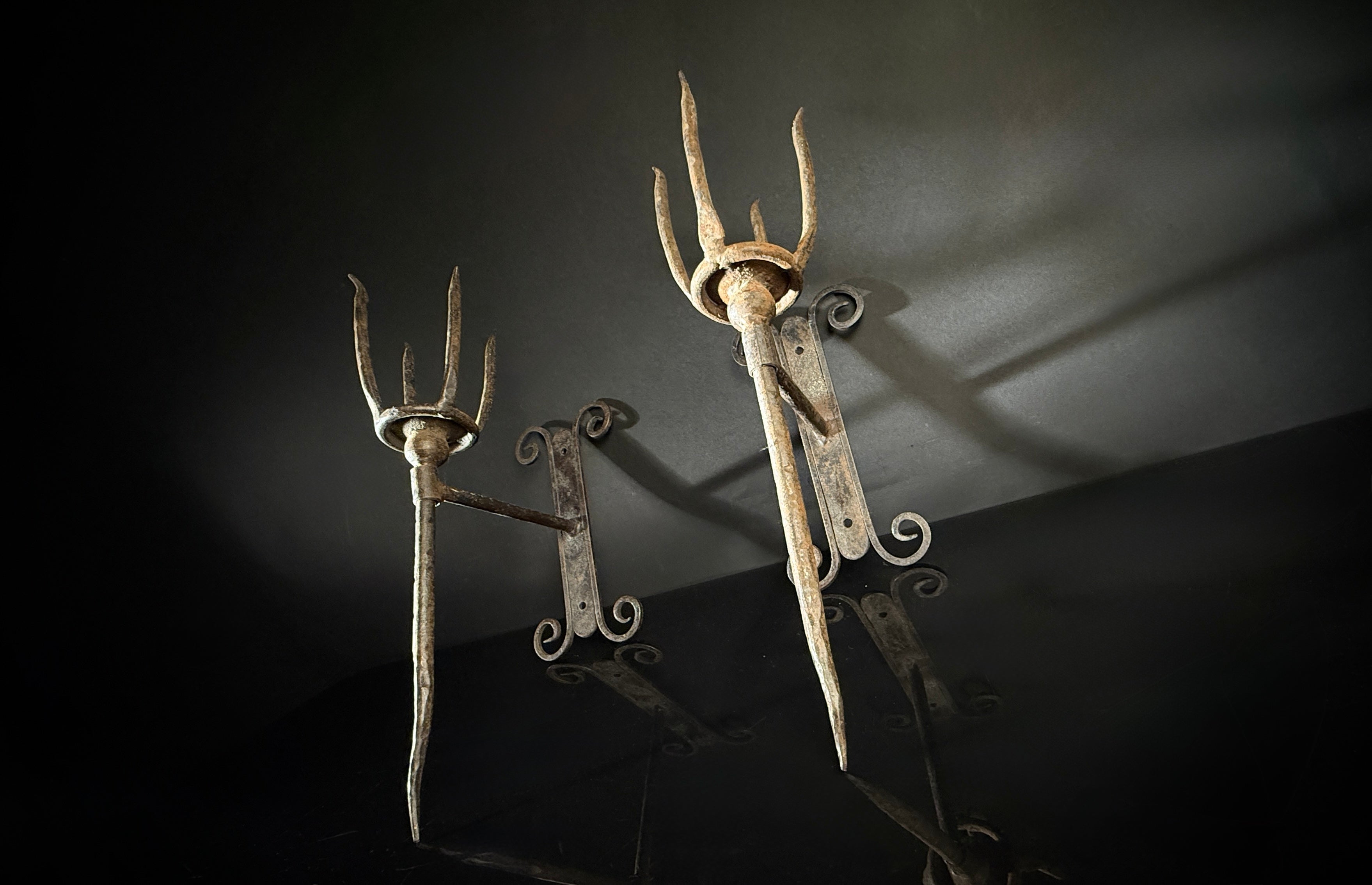 Unusual Pair of Wrought Iron Candle Torchere Sconces  |  Medieval Style  |  Hand-Forged