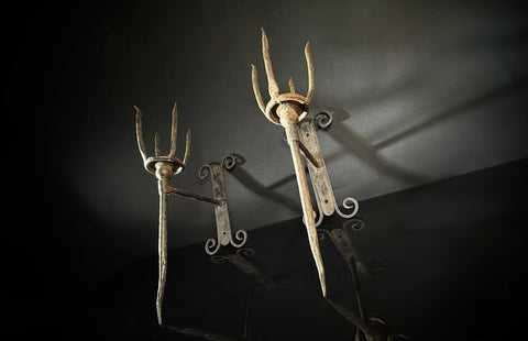Unusual Pair of Wrought Iron Candle Torchere Sconces  |  Medieval Style  |  Hand-Forged