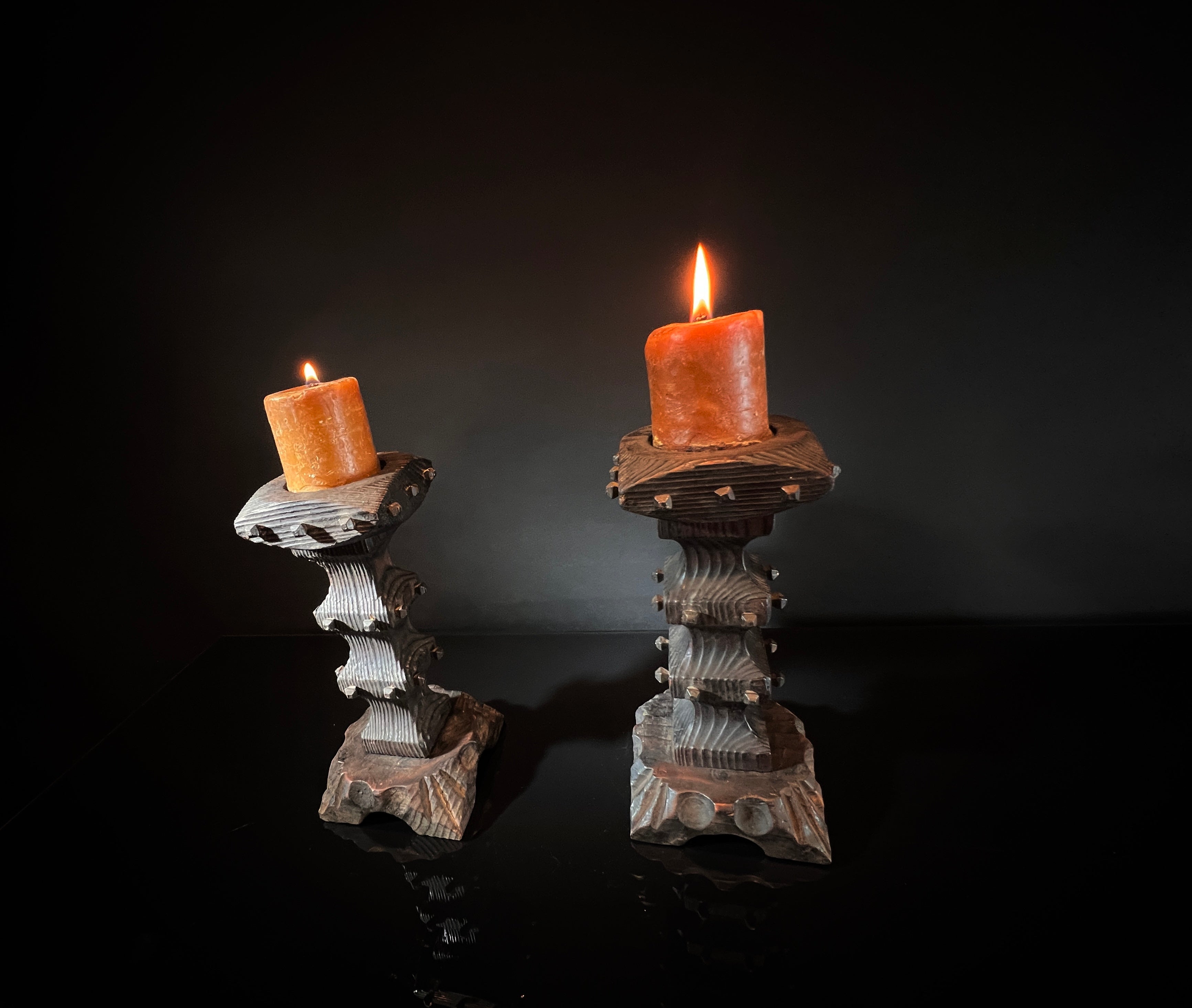 Pair Vintage Brutalist Candle Holders - Wood & Square Nail Candlesticks
